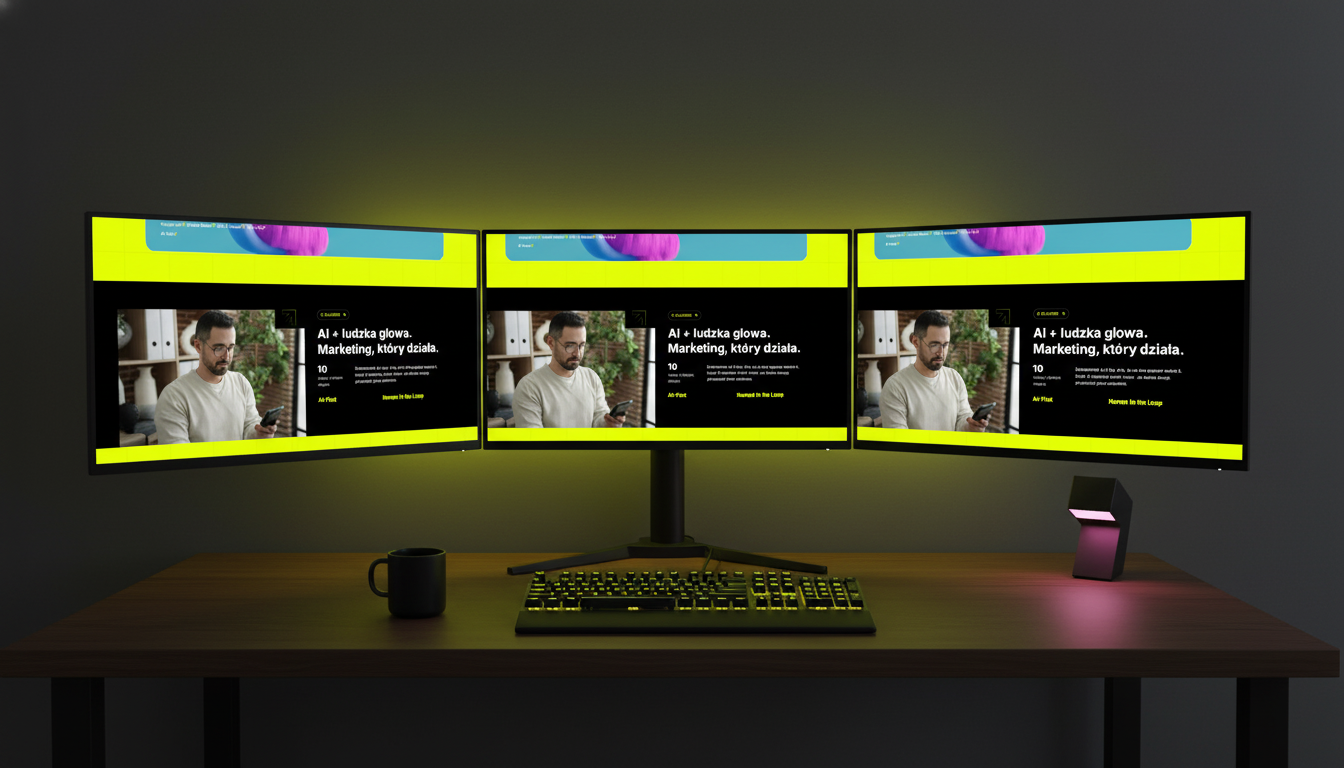 BlueBee landing scene on bluebee.marketing — three-monitor agency workstation with neon-yellow glow showing services and tools grid