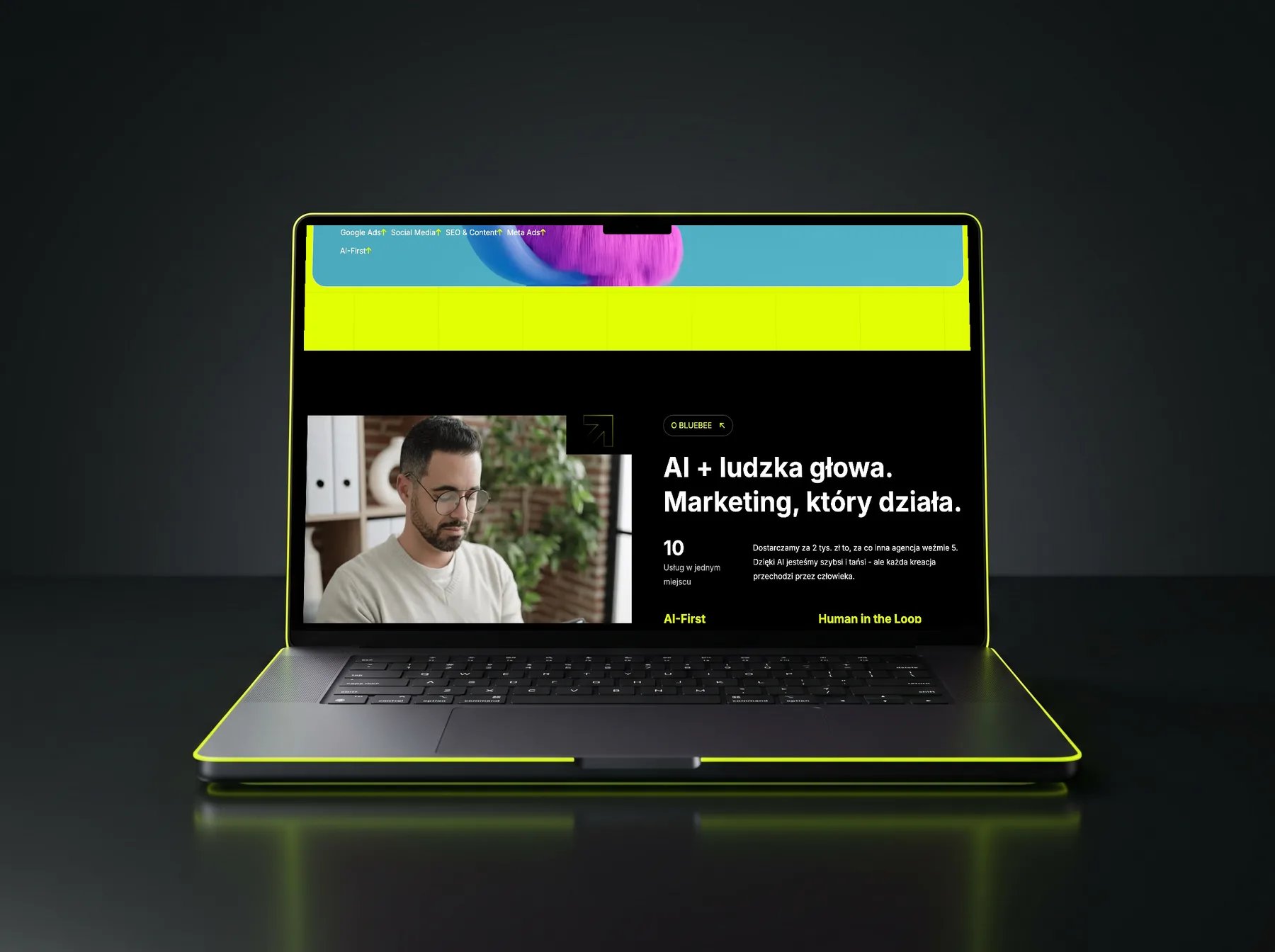 BlueBee landing scene on bluebee.marketing - three-monitor agency workstation with neon-yellow glow showing services and tools grid