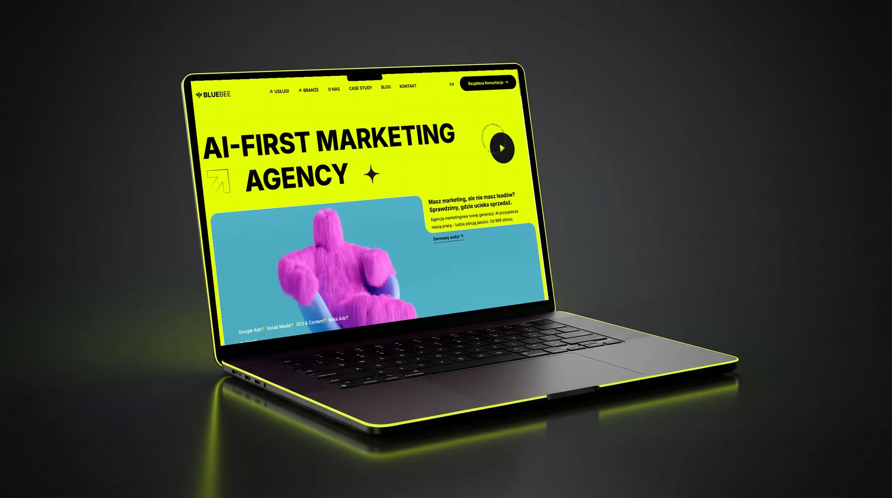 BlueBee landing page - AI-First Marketing Agency hero on bluebee.marketing