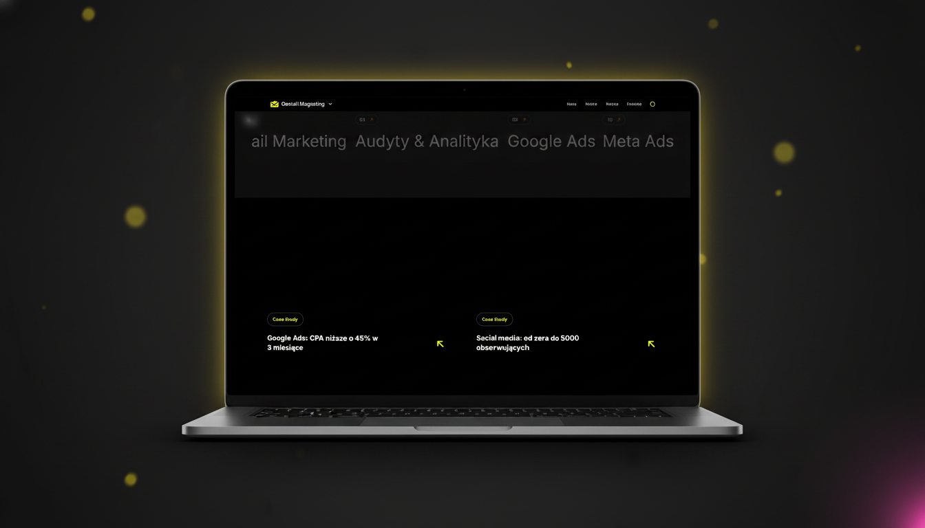 BlueBee case studies and metrics scene — laptop with magazine-cover composition, neon-yellow rim-light, dark background, showing real client case studies and case study cards