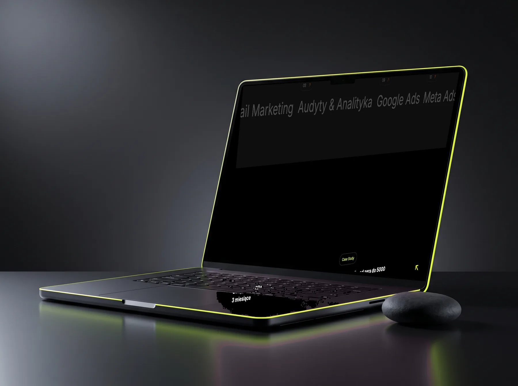 BlueBee case studies and metrics scene - laptop with magazine-cover composition, neon-yellow rim-light, dark background, showing real client case studies and case study cards
