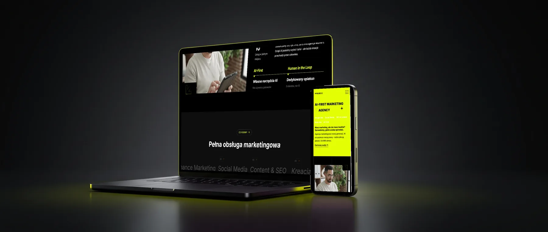 BlueBee workflow scene - laptop floating in dark space with neon-yellow particles and grid mesh, showcasing the offer generator flow