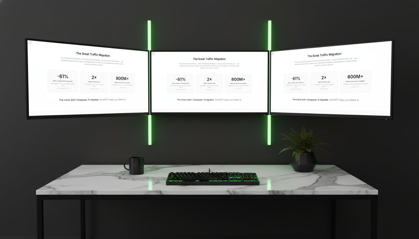 GrowGPT module catalogue scene &mdash; three monitors on a marble desk with vertical neon-green LED bars between them, displaying the DataFlow / ChatGPT Apps / ShopScout module grid