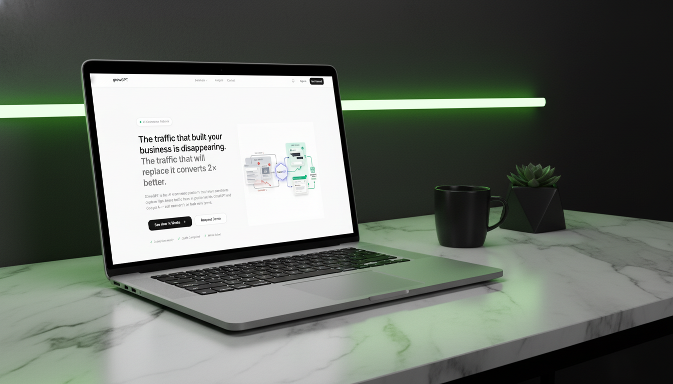 GrowGPT landing on staging.growgpt.app — &lsquo;The traffic that built your business is disappearing. The traffic that will replace it converts 2&times; better.&rsquo;