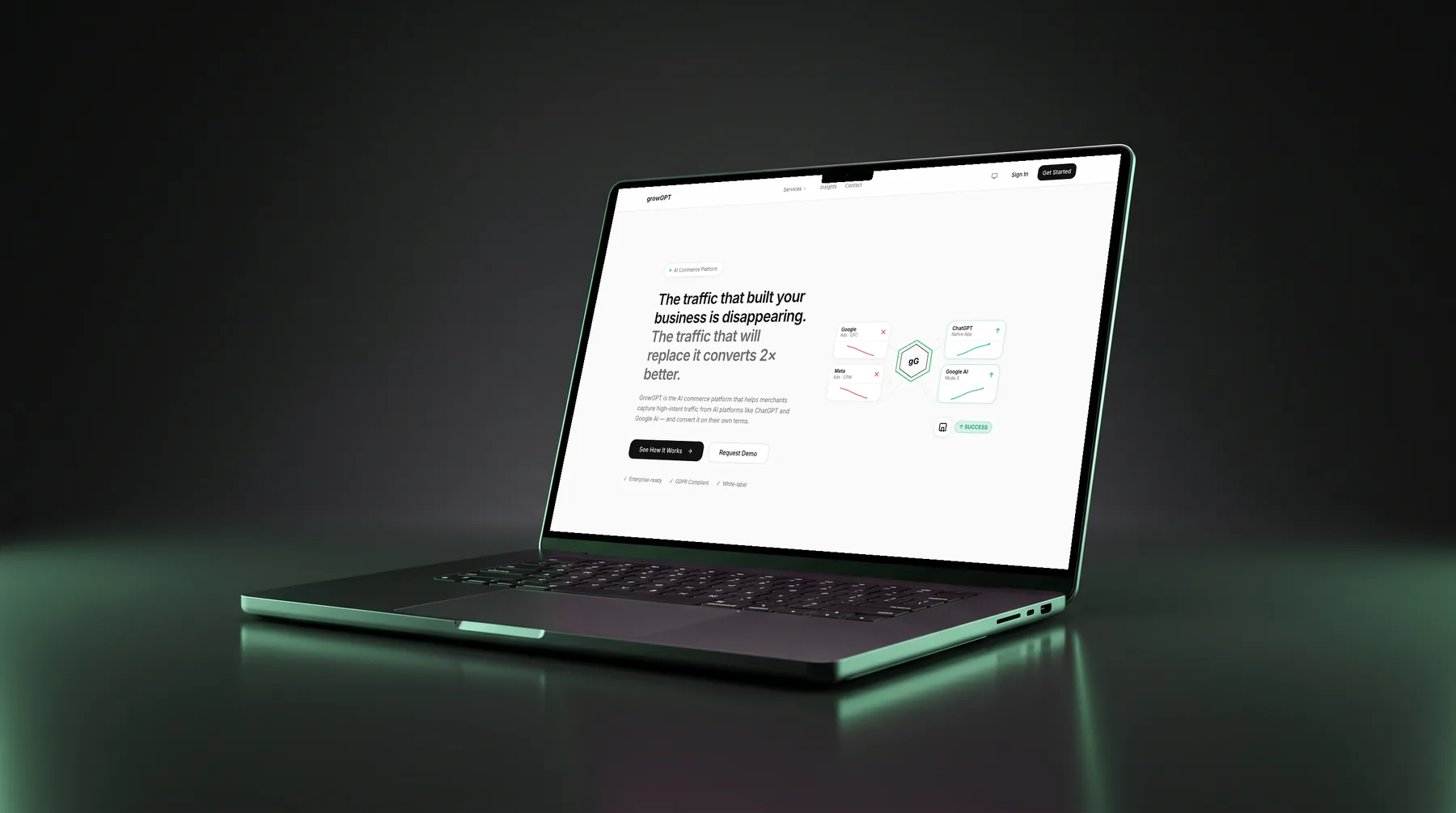 GrowGPT landing on staging.growgpt.app - &lsquo;The traffic that built your business is disappearing. The traffic that will replace it converts 2&times; better.&rsquo;