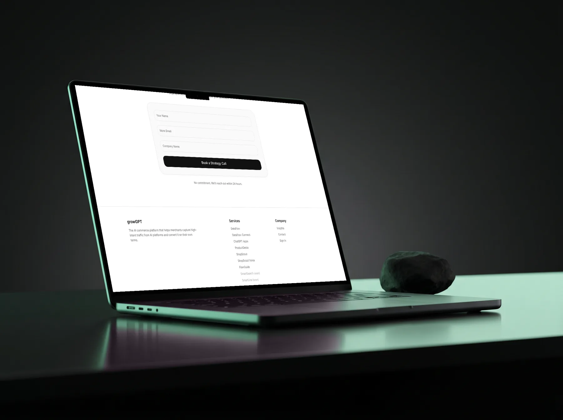 GrowGPT analyst quotes scene - silver laptop magazine-cover composition on dark marble background with neon-green rim-light and green ambient bokeh, showing BCG / McKinsey / Gartner research excerpts