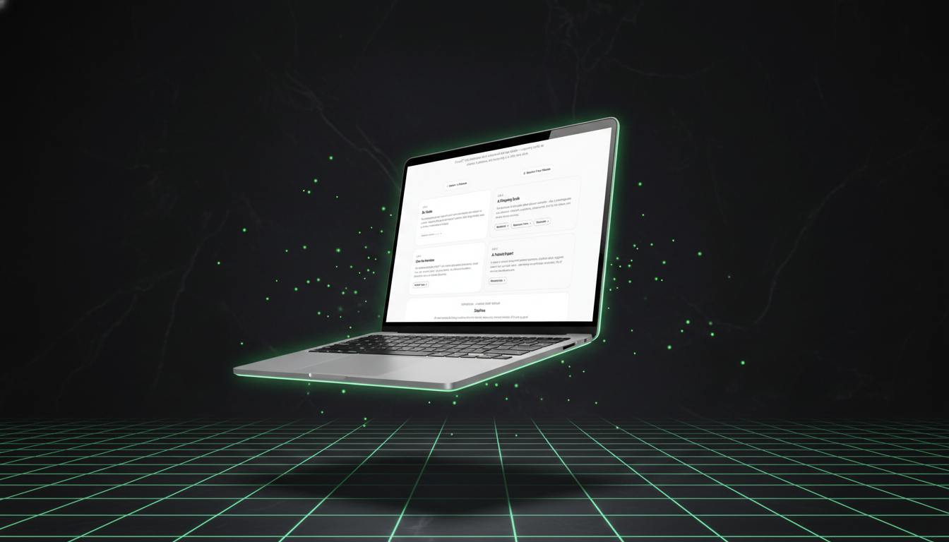GrowGPT workflow scene &mdash; laptop levitating in a dark digital space with neon-green grid mesh, particles and rim-light, premium AI-tech product reveal aesthetic