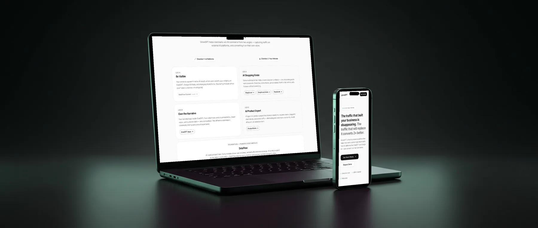 GrowGPT workflow scene - laptop levitating in a dark digital space with neon-green grid mesh, particles and rim-light, premium AI-tech product reveal aesthetic