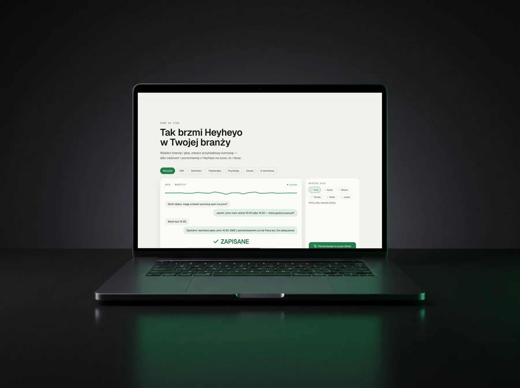 Heyheyo features on heyheyo.com - answers in 0.4s, books in the calendar, SMS confirmation, live dashboard, natural Polish conversation