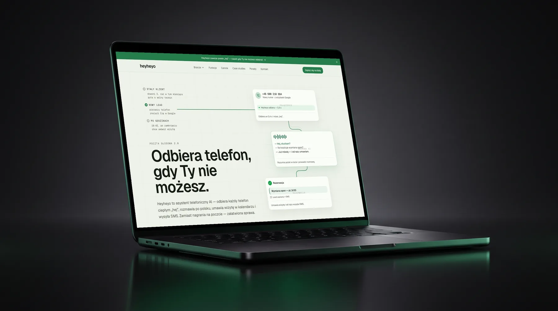 Heyheyo landing page - Odbiera telefon, gdy Ty nie możesz. AI voice receptionist that answers in Polish