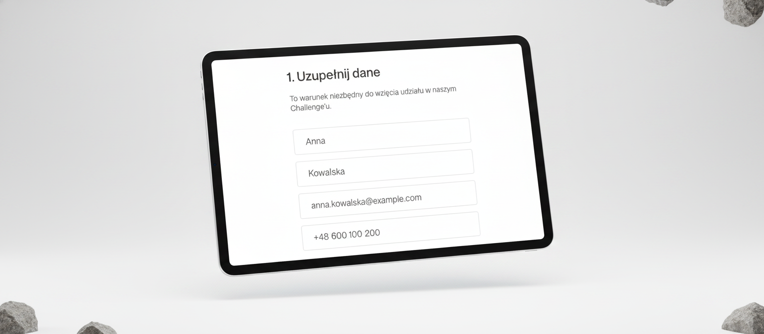 Coconaut Shootout lead form on an iPad — name, surname and email fields with green checkmarks
