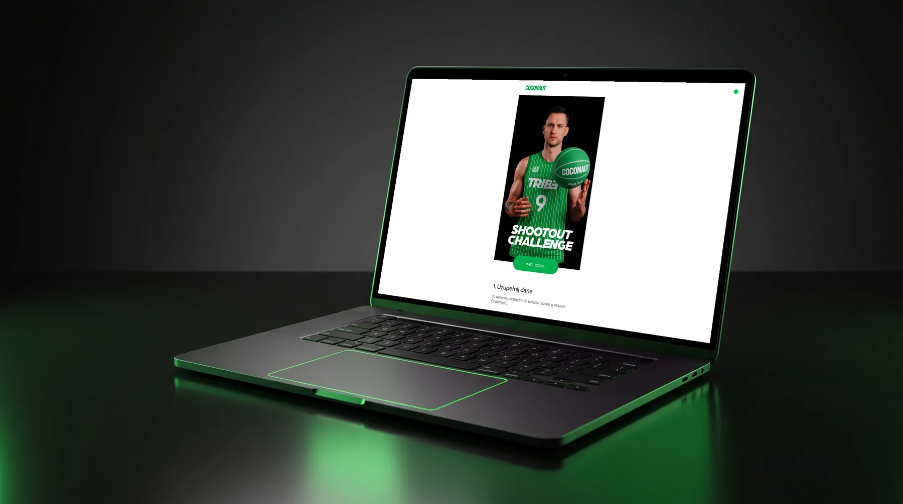 Coconaut Shootout Challenge lead-capture app on an iPad - green Coconaut basketball jersey and SHOOTOUT CHALLENGE headline