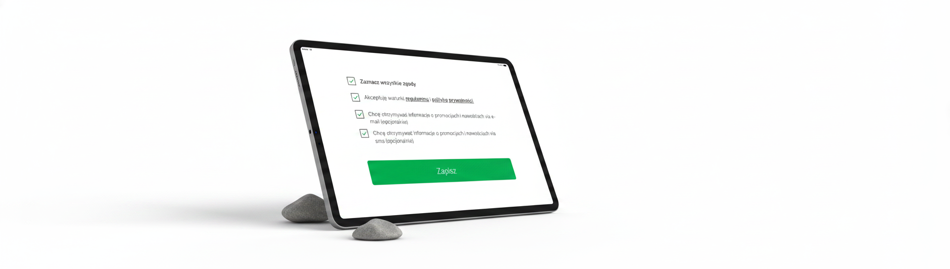 Coconaut Shootout consent screen on an iPad — RODO consents with green checkmarks and a green Zapisz button