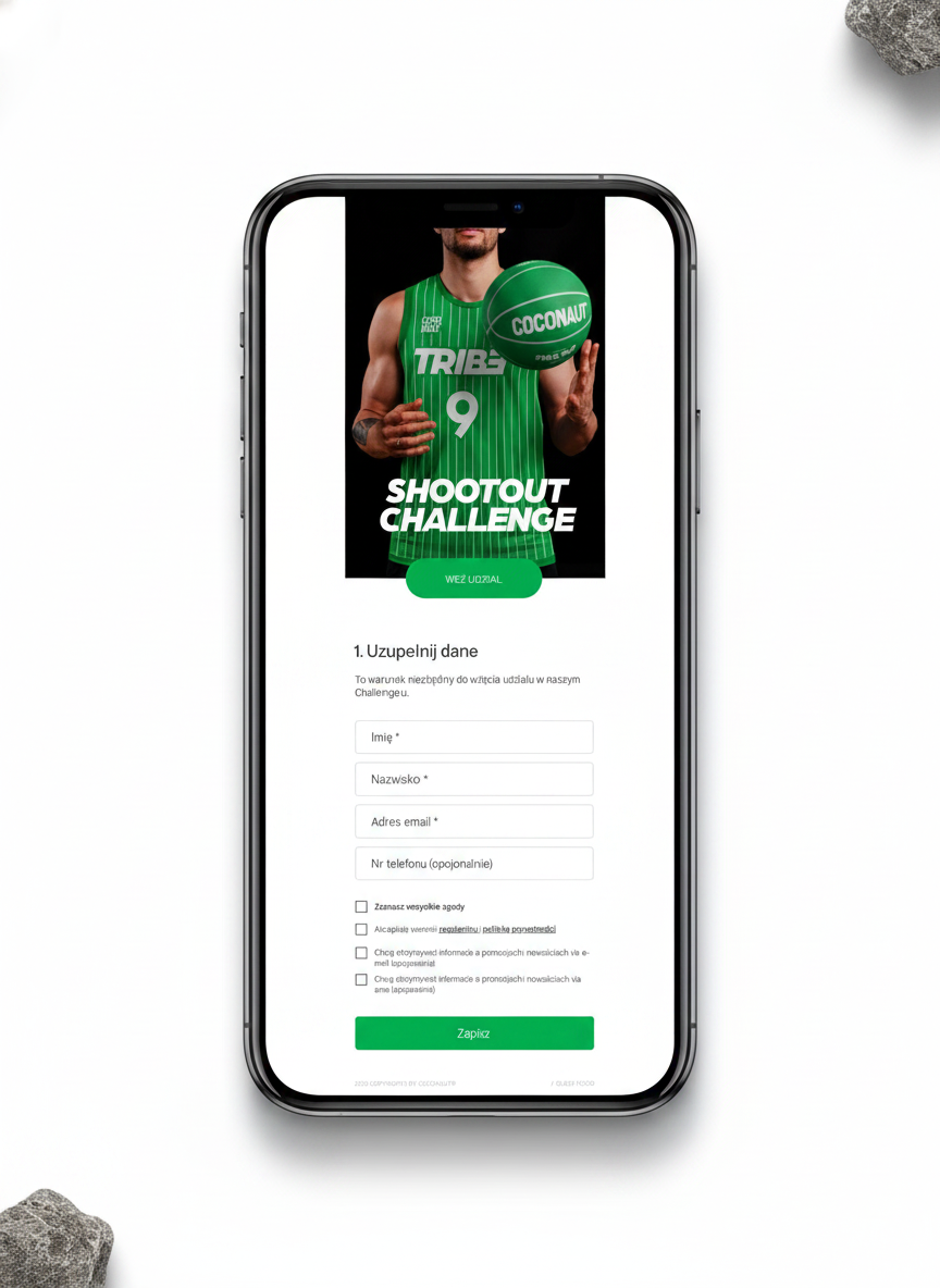 Coconaut Shootout PWA on an iPhone — full lead-capture app with SHOOTOUT CHALLENGE hero and the form below
