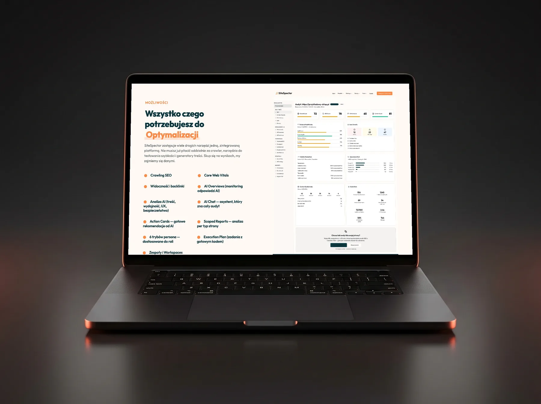 SiteSpector feature grid on sitespector.app - Wszystko czego potrzebujesz do Optymalizacji: crawling SEO, CWV, visibility, AI Overviews, Action Cards, persona modes, Scoped Reports, Execution Plan with code