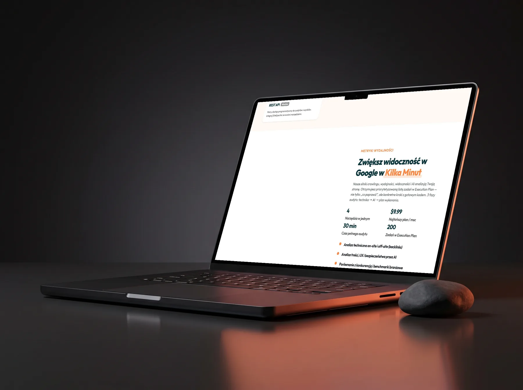 SiteSpector metrics on sitespector.app - Zwiększ widoczność w Google w Kilka Minut: 4 tools in one, cheapest plan, fast full audit, Execution Plan tasks