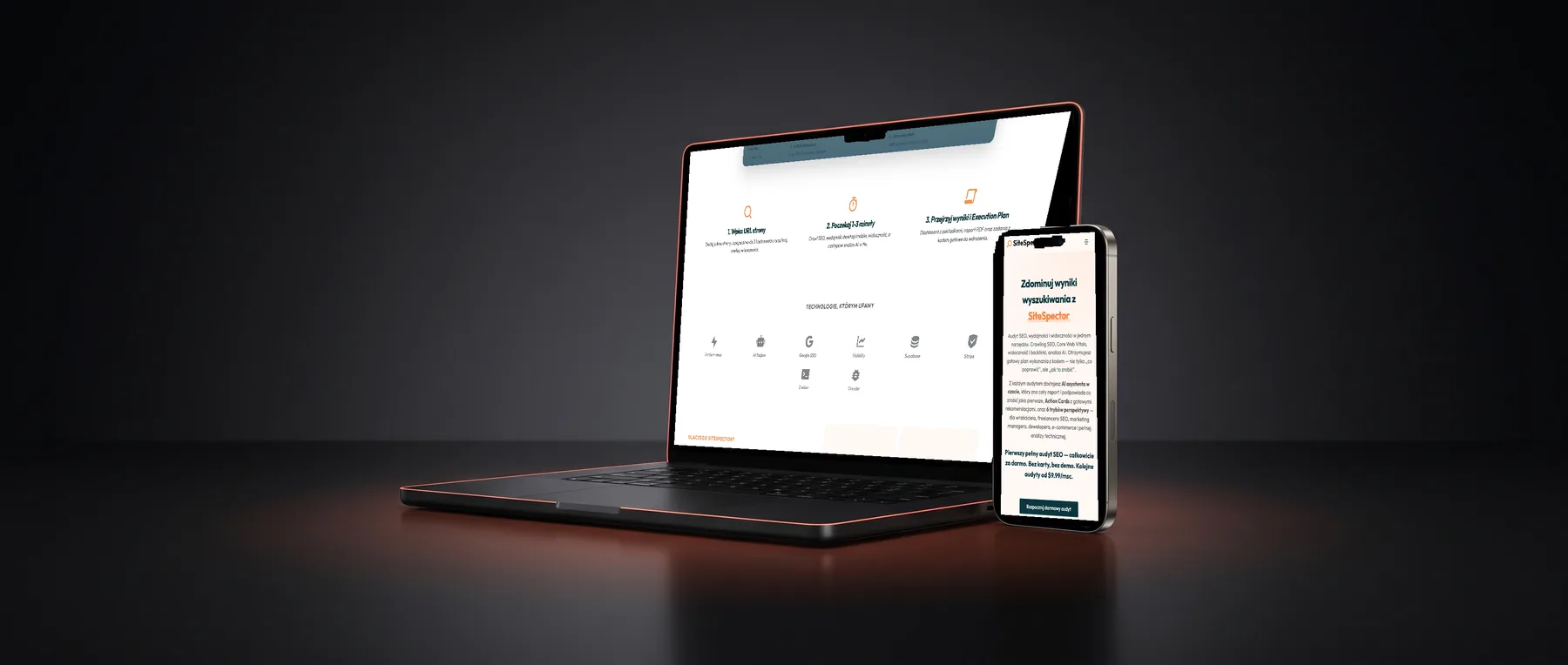 SiteSpector 3-step workflow on sitespector.app - &lsquo;Wpisz URL → Poczekaj 1-3 minuty → Przejrzyj Execution Plan&rsquo; flow