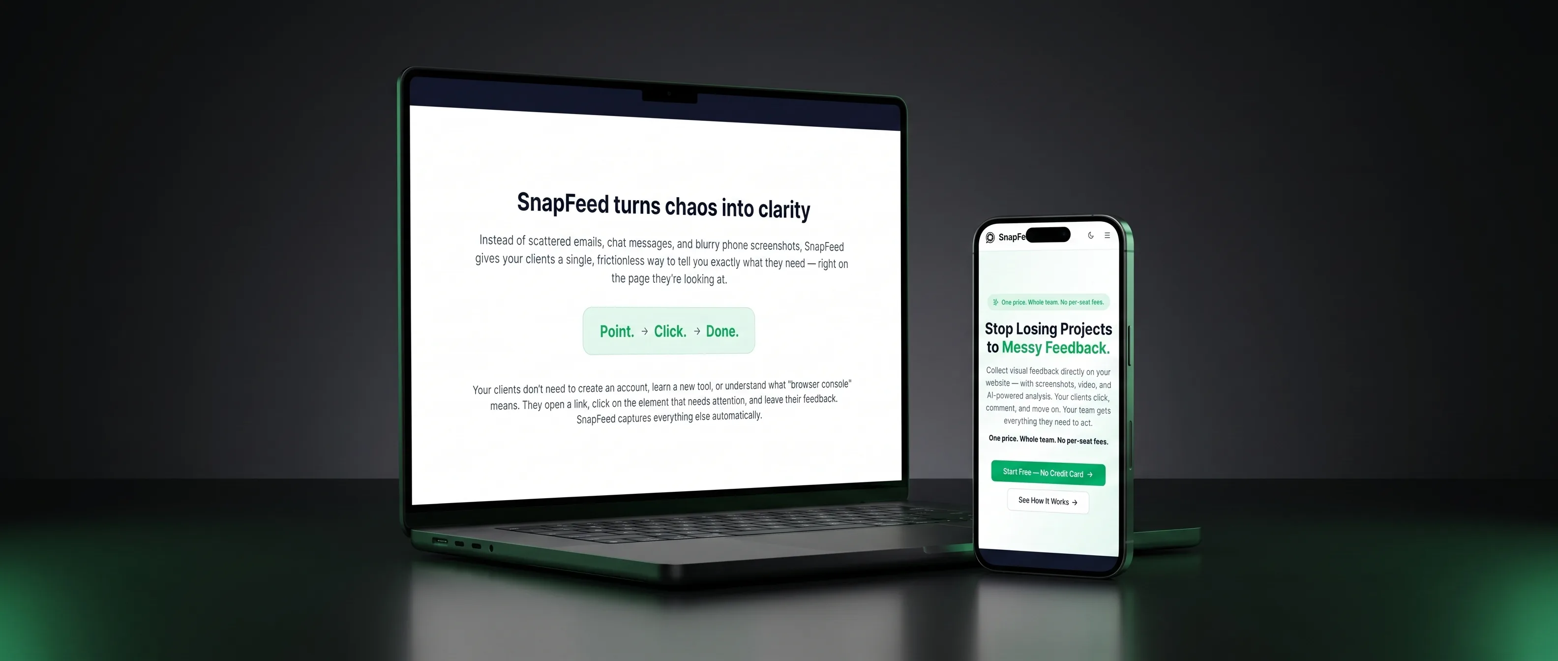 SnapFeed workflow section on snapfeed.app - &lsquo;turns chaos into clarity&rsquo; with the Point Click Done principle